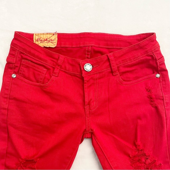 Machine Distressed Red Low Rise Jeans Denim - Picture 3 of 7